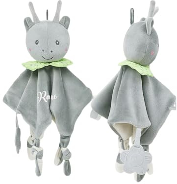 Amsgedhie Personalisiertes Schnuffeltuch mit Namen für Baby Jungen und Mädchen, Plüsch Kuscheltier Kuscheldecke mit Beißring und Integrierter Glocke, Geschenke für Neugeborene (REH)