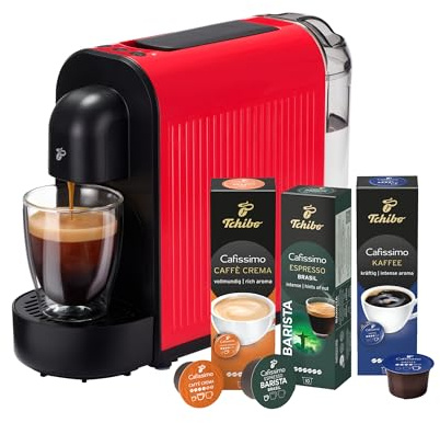 Tchibo Cafissimo NOW Kaffeemaschine Kapselmaschine inkl. 30 Kapseln für Caffè Crema, Espresso und Kaffee | 0,67 l | 1250 Watt | 11,4 x 33,7 x 23,5 cm | Rot