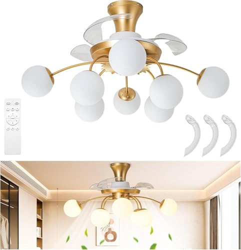 8-Light Mid Century Ceiling Fan with Lights, Gold and White Fandelier, Glass Bubble Chandelier, 3 Retractable Bladeless Blades, Remote Control, Low Profile, 6 Speeds, for Bedroom Living Room
