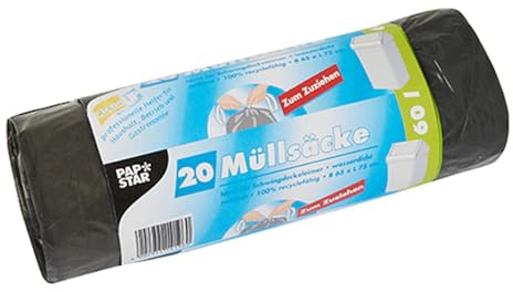 Papstar Müllsäcke / Plastiksäcke zum Zuziehen (240 Stück auf 12 Rollen), LDPE 60 l, grau, ideal für Schwingeimer, 75 x 65 cm, mit Zuziehbändern, wasserdicht, reißfest, recyclingfähig, #14196