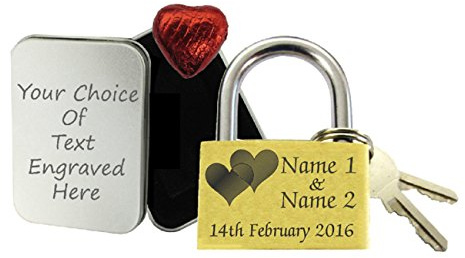 40mm Double Heart Lock of Love Personalised Engraved Padlock, Valentines, Present Gift Tin Choc