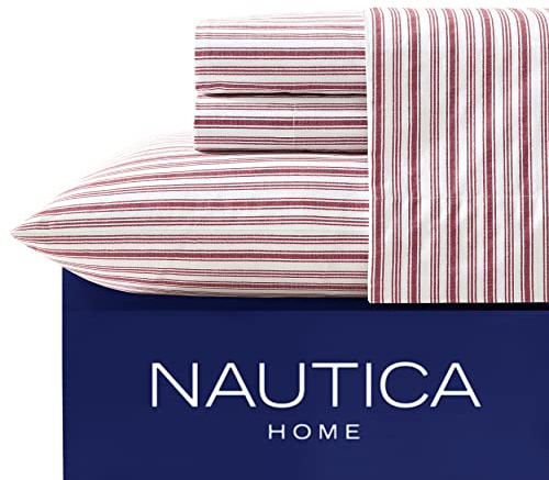 Nautica - Twin Sheets, Cotton Percale Bedding Set, Casual Home Decor, Dorm Room Essentials (Coleridge Stripe Red, Twin)