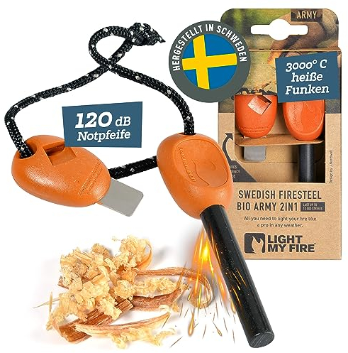 LIGHT MY FIRE Feuerstahl Outdoor Army, 10 mm, 12000 Zündungen, 2-in-1 mit Notfallpfeife, Feuerstahl XXL Survival Gadget Feuerstein Feuerzeug, Ewiges Streichholz mit Bio-basierter Kunststoffgriff