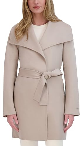 Tahari Women's Double-Faced Luxury Soft Wool Blend Peacoat- Wrap Wool Coat with Removable Belt, Soft Almond, Medium