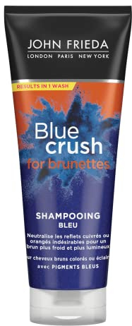 John Frieda Blue Crush Intensive Toning Shampoo 250ml für Braunes Haar, Anti Messing für Brünettes Mit Zerkleinerten Blauen Pigmenten