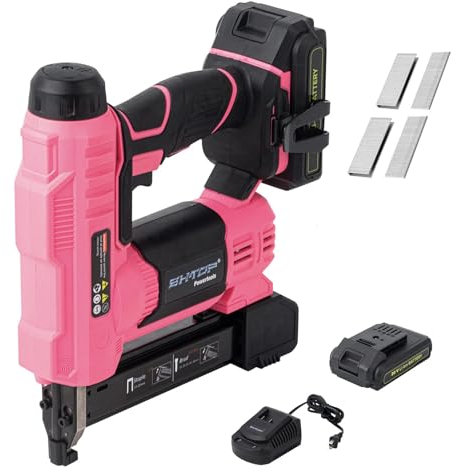 BHTOP 20V Cordless Brad Nailer＆Stapler, 18 Gauge 2 in 1 Stapler Kit, Heavy Finish Nail Gun with 2.0A Rechargeable Battery, Charger, 2500 Brad Nails and 500 Staples in Pink