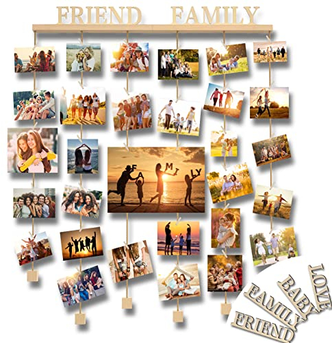 Uping Portafoto da Parete Multiplo Cornici Foto Multiple da Parete Porta Foto con Mollette Appendi Foto, con 35 Mollette e 4 Scritta in Legno- FAMILY FRIEND LOVE BABY