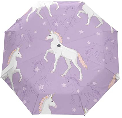 Pferdestern Einhorn Lila Regenschirm Auf-Zu Automatik Taschenschirm Winddichter Umbrella Klein Leicht Schirm Kompakt Schirme für Jungen Mädchen Reise Strand Frauen