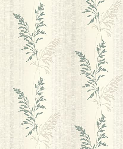 Rasch Tapete 651003 - Helle Vliestapete mit Pflanzen und Gräsern in hellem Beige und glitzerndem Türkisgrün aus der Kollektion Tapetenwechsel II - 10,05m x 0,53m (LxB)