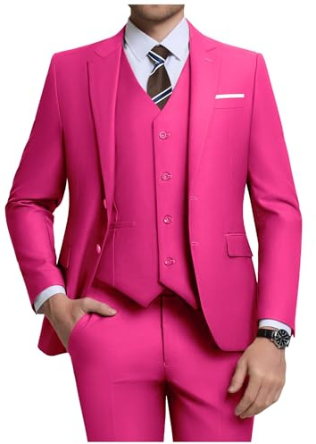 ZKHOECR Costume 3 pièces pour Homme, Coupe ajustée, avec Blazer à Deux Boutons, Gilet et Pantalon, Couleur Unie, pour Les Affaires et Les Mariages, Rose, Taille M