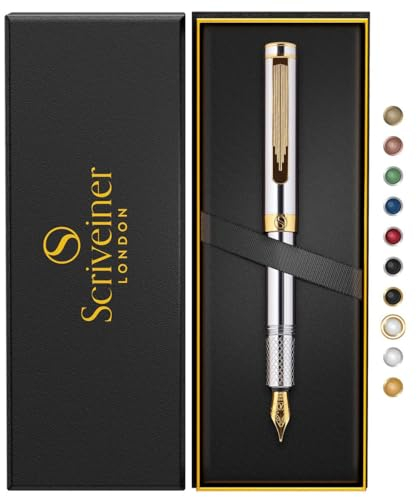 Scriveiner Silver Chrome Fountain Pen (Medium), Award Winning Luxury Pen, Heavy Pocket Pen, Real Gold Plating, Schmidt Nib, Converter, Best EDC Writing Pen Gift Set for Men & Women, Nice Fancy