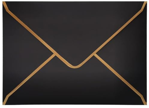 50 Stücke Einladungumschläge A7，Schwarze Luxuriöser Umschläge 18.5x13.5cm Miniatur Kuverts 5x 7 Umschläge mit V-Klappe Briefumschläge Goldfolienrand für Hochzeiten, Einladungen, Party, Grußkarten