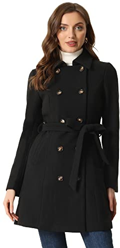 Allegra K Damen Wintermantel Langarm Zweireihig Schräge Tasche Knopfleiste Gürtel Mantel Schwarz M