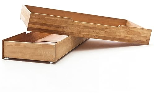 Lomadox Schlafzimmer Massivholz Schubkasten Schubkasteneinsatz Schubkästen Bettschubkasten 2er Set für 200 cm Bett in Wildeiche massiv, B/H/T: ca. 62/23/166 cm