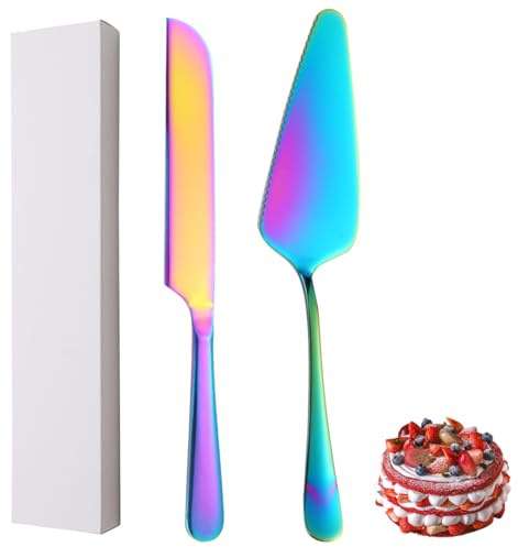 XIAOYU Juego de 2 cuchillos y servidores para tartas de boda, juego de corte de pasteles de acero inoxidable, juego de servir pasteles para bodas, cumpleaños, fiestas y aniversarios, arco iris