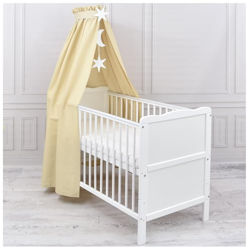 Generisch Baby Delux Babybett Himmel Betthimmel Baumwolle Baldachin für Babybett Kinderbett Wiege Stubenwagen Himmelstange Sterne Mond Applikationen Deko (Beige, mit Himmelstange)