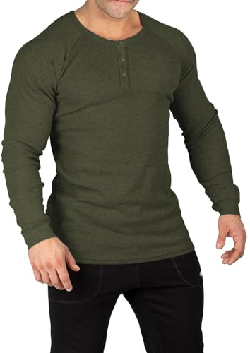 Muscle Cmdr Men's Lightweigt Waffle Henley Shirt Regular Fit Long&Short Sleeve Casual 3 Buton Placket Underwear Green S