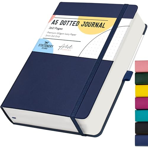 STATIONERY ISLAND Carnet en Notes A5 Pointillé, 360 pg Bullet Dotted Journal Couverture Rigide avec Papier épais de 100 g/m², avec Porte-stylo, Poche Intérieure, 2 Marque-pages