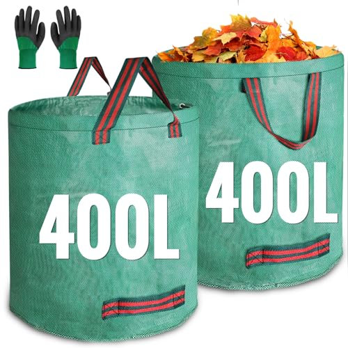 JARDILIFE Lot de 2 sacs à déchets de jardin robustes 400 et 400 litres, sacs réutilisables avec 1 paire de gants de travail de jardinage, sacs à outils pour déchets de jardin, déchets de plantes