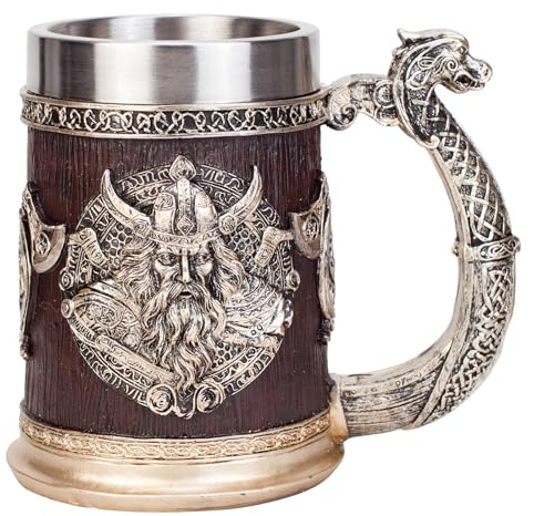 Viking Wooden Barrel Mug Tankard Creative Odin Hand-painted Resin Beer Stein 304 SS Liner Wine Goblet Coffee Mug Gift Home Decor Capacity 16.91 OZ (Gold)
