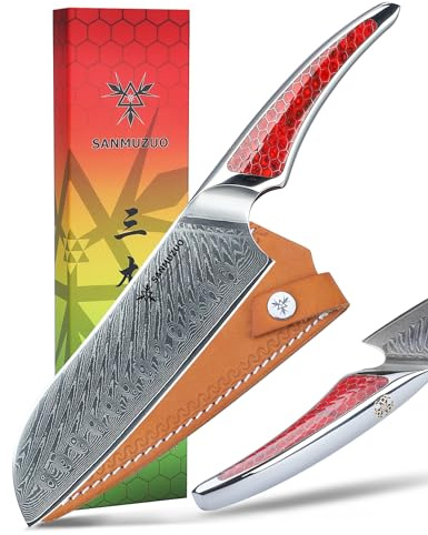 SANMUZUO Couteau Santoku 18 CM, couteau de chef japonais en acier Damas VG-10, couteau de cuisine ultra tranchant avec manche pleine soie en résine Rouge, série LA-S9