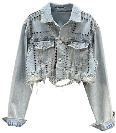 Dvbfufv Damen-Jeansjacke für Frühling, Sommer, Nieten, Denim-Mäntel, langärmelig, einreihig, Mäntel, 1, 32