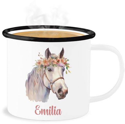 Emaille Becher Blechbecher - Pferde - Pferdemotiv Geschenke Pferd I Pferdemädchen Geschenk für Pferdeliebhaber - 300 ml - Weiß Schwarz - tasse emaille+tasse+kinder+personalisiert pferden name