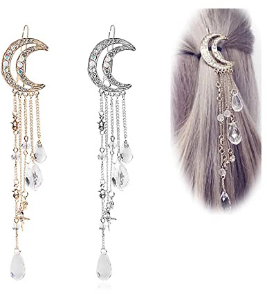 Xduargs Boho Strass Mond Haarspange Kristall Quaste Haarspange Hohlen Halbmond Haarspange Strass Cz Perlen Baumeln Haarnadel Clip Für Frauen Haarschmuck Kopfschmuck (Silber)