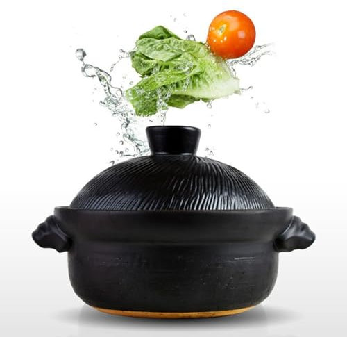 Pentola in ceramica – Pentola in argilla antiaderente di alta qualità per uso domestico e cucina, resistente al calore, set di pentole rotonde nere in ceramica profonda