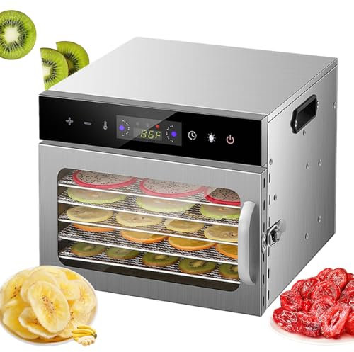 Déshydrateur alimentaire, plateaux en acier inoxydable, machine de séchage frais pour viande, fruits, avec minuterie numérique et contrôle de la température, incluse livre de recettes,6-Trays