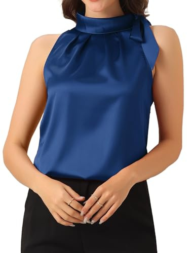 Allegra K Ärmlös satintopp elegant volanger ståkrage blus rosett topp, Mörkblå, XS