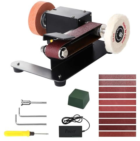 Mini Bandschleifer 250W Elektrischer Band Schleifmaschine, 7-Stufig Verstellbarer Polierer, DIY Polierschleifmaschine mit 10-Teiligen Schleifbändern, Schleifscheibe und Polierscheibe