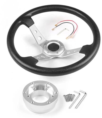 XUCZHAI Lenkrad 14 Zoll 350 mm PU-Leder-Auto-Rennlenkrad for Rennspiele mit Adapterplatte 70 mm FüR Rennen Motorsport Auto(Black with Silver)