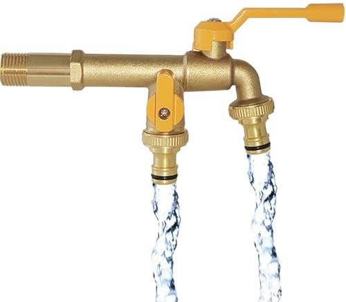 MKNZOME Robinet de Jardin à Double Sortie, Répartiteur de Tuyau en Laiton Inoxydable 2 Voies avec Entrée 1/2 et 2 Sorties 3/4 Pouces, Kit de Robinet Extérieur pour Jardin, Maison, Industrie