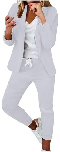 2-delad klädsel dam elegant formell blazer kostymer långärmad öppen framsida blazer jacka kappa och penna byxor set lätt kontor affärer damer kostymer med byxor, Vitt, XL