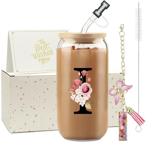 ZIOSINM A-Z Brev Mugg med Sugrör 500 ml Tumbler med Lock För Kvinnlig Present Idealisk Present Mästare År Present (I)