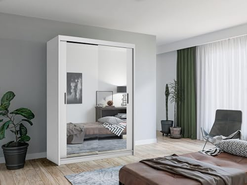 Krudox LUX Weiß Schiebetürenschrank Kleiderschrank 150x216x62 cm mit Spiegel - Schlafzimmermöbel, Aufbewahrung – Mehrzweckschrank mit 2 Kleiderstangen