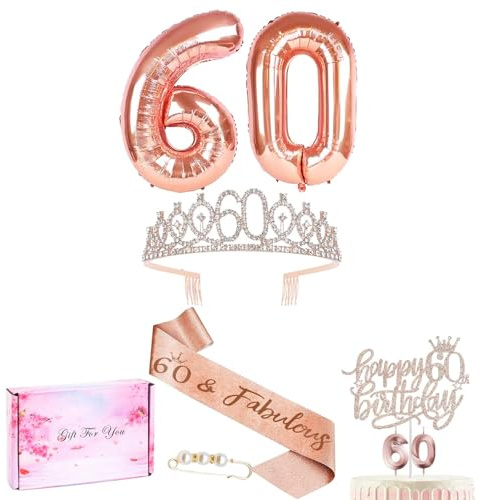 60. geburtstag frau,Deko 60 Geburtstag Frauen,Geburtstagskrone Schärpe 60 Jahre,Roségold 60 Jahre Krone Ballon Schärpe,Glitzer Kuchendeko Geburtstagsdeko,Cake Topper mit Geburtstagskerzen