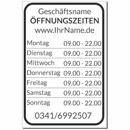 Indigos UG - Öffnungzeiten Schild Aluverbund 3mm groß - Schilder selbst gestalten mit Wunschtext - 20x30 cm - wetterfestes Öffnungszeitenschild personalisierbar für Tür, Wand oder Gebäude