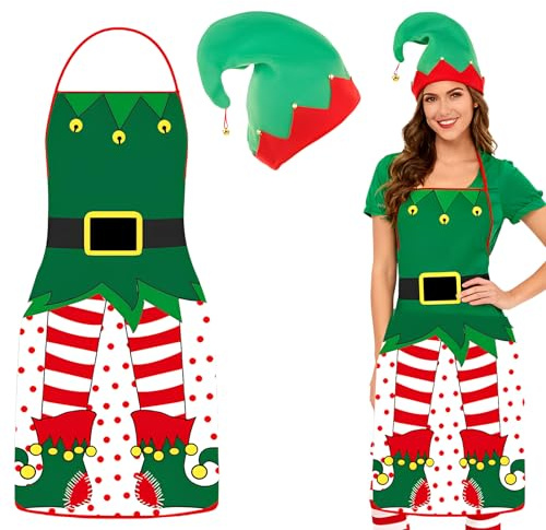 YOKJGHDO Weihnachtselfen Kostüm Damen & Herren – 2-teiliges Weihnachtskostüm Set mit Schürze & Hut, Lustiges Kostüm Weihnachten für Paare, Familie & Küche, Unisex Elf Outfit