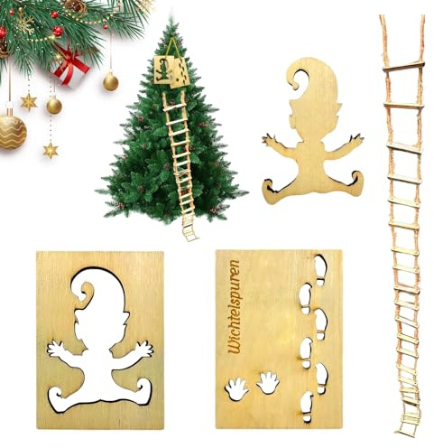 CHIHOLEN Wichtel Zubehör, Holz Wichtel Set Weihnachten Komplett mit 2 Wichtelschablone 1 Wichtelspuren 1m Wichtelleiter, für Deko Weihnachten Schneespray Fenster