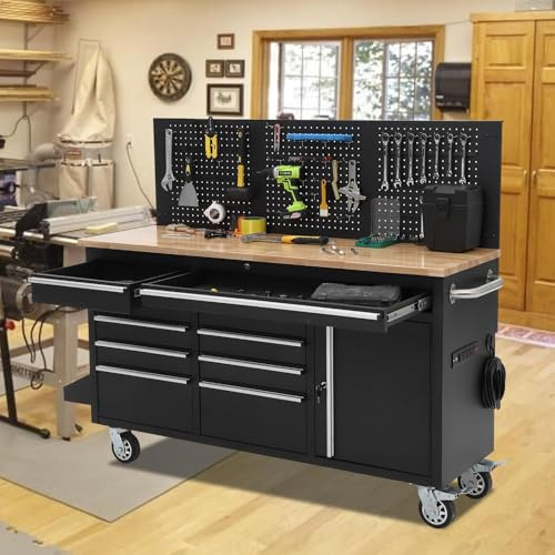 MilleLoom Tool Chest, 61 Inch Tool Box Mobile 9 Drawers Storage Rolling Cabinet with Wheels Lock Key Locking System Drawer Liners for Garage Warehouse Repair Shop, Black