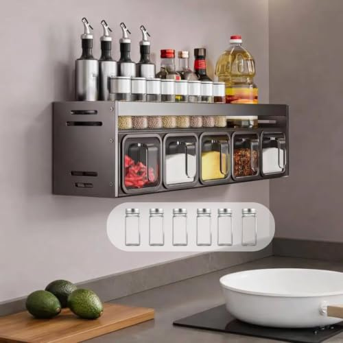 SSYYGET Gewürzregal mit Gewürzdosen, Gewürzregal Stehend & Wand, Gewürzgläser mit Regal, Küchen-Organizer mit 4 Gewürzgläsern aus Glas und 5 Gewürzboxen