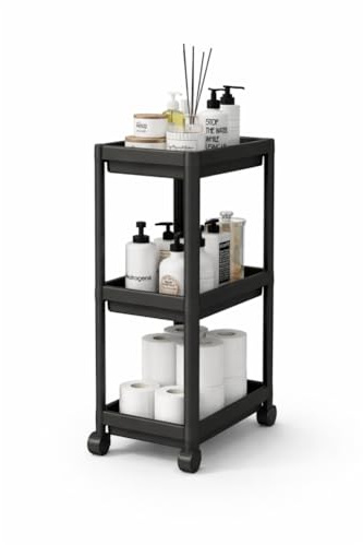 sugodesign Peggy 3-stöckiger Küchen- und Bad-Organizer mit Rollen, Kompakter Rollwagen für Badezimmer und Küche, 3 Regalböden, Werkzeuglose Montage (schwarz)