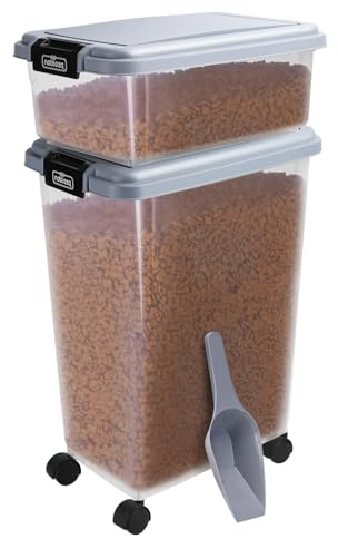 Nobleza Futterbehälter für Haustiere 10L+30L， Luftdichte Transparente Aufbewahrungsbox mit Rollen， Klappdeckel und Schaufel für Hunde und Katzen， Grau