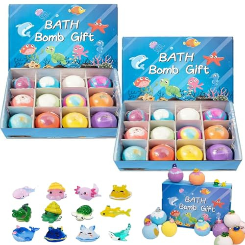 Bombe da bagno naturali per bambini con mega bolle e sorpresa all'interno, confezione da 12 bombe da bagno organiche, delicate e fizzies per bambini con giocattoli primaverili a sorpresa (2PC)