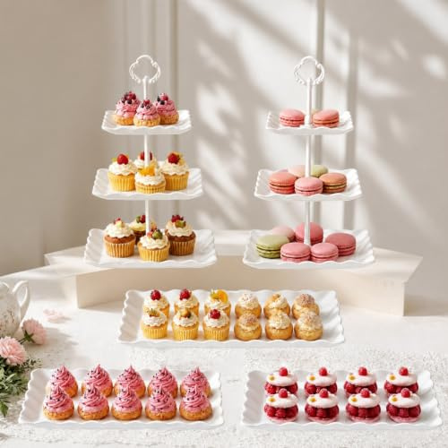 LLHONG Cake Stand Set, 2-Tier & 3-Tier Cupcake Stands & Appetizer Trays | White Afternoon Tea Stands | Round Tiered Cake Stand | for Birthday Wedding Graduation Party
