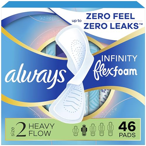 Always Infinity Feminine Pads for Women, Flexfoam Pads with Wings, Size 2, Heavy Absorbency, Unscented, 46 Count