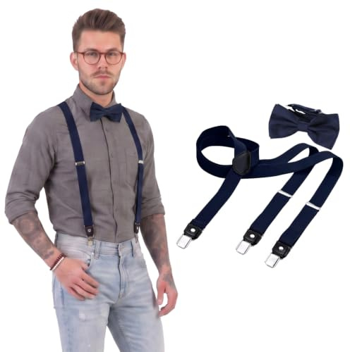 DonDon Set di bretelle eleganti e papillon per uomo e donna, forma a Y, larghezza 2,5 cm, fatto a mano - Accessorio elegante per matrimonio, festa, smoking - Blu scuro Turchino