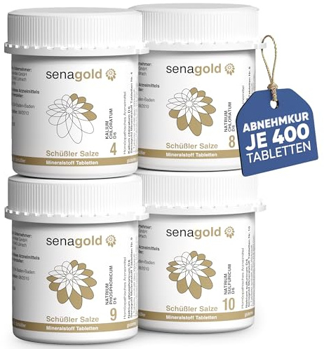 Senagold Schüssler Salze Stoffwechsel-Kur Nr. 4, 8, 9, 10 je 400 Tabletten (Abnehmkur) – glutenfreie Tabletten 4x400 (1600) Stück – hergestellt nach homöopathischem Arzneibuch (HAB) in Deutschland